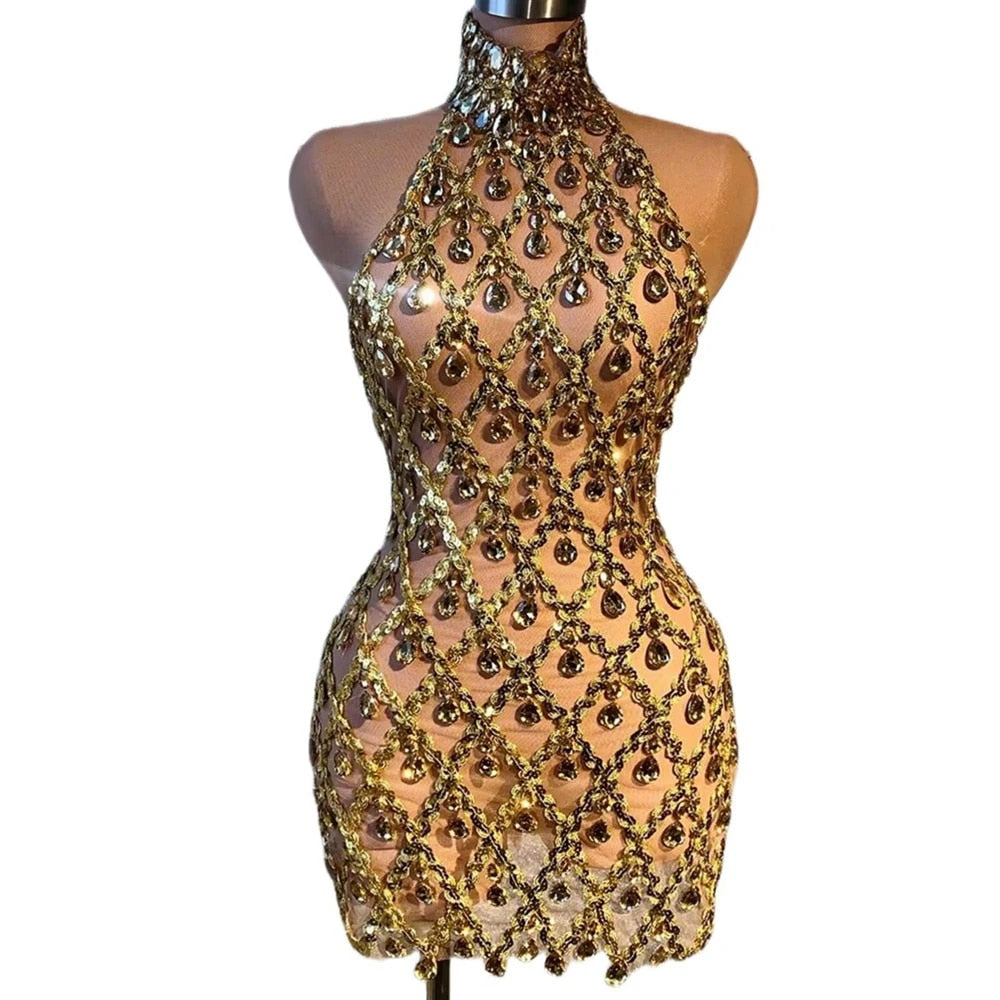 Stone Cold - Elegant Crystal Studded High Neck Mesh Evening Dress