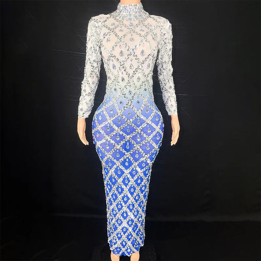 Midnight Sky - Stunning Crystal Embellished Long Sleeved Evening Gown