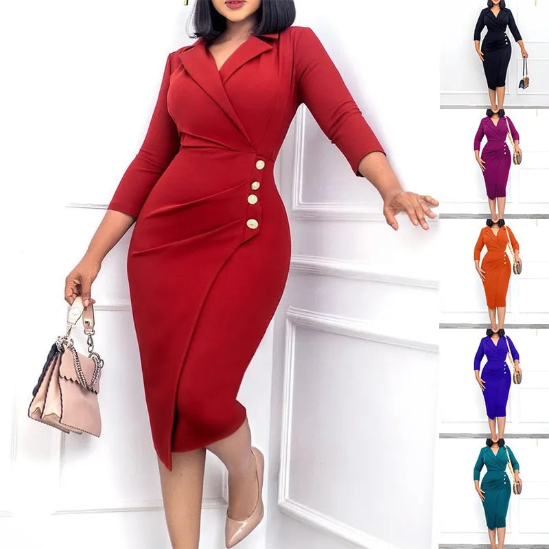 Business Plan - Professional Suit Collar Button Midi Dress