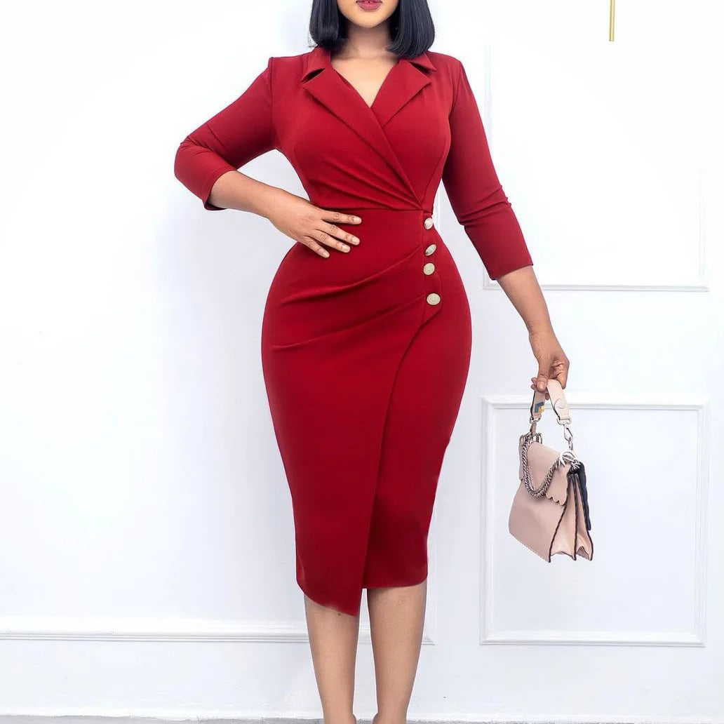 Business Plan - Professional Suit Collar Button Midi Dress