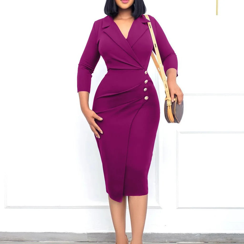 Business Plan - Professional Suit Collar Button Midi Dress