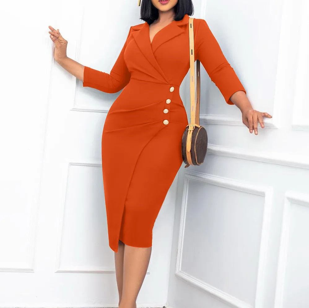 Business Plan - Professional Suit Collar Button Midi Dress