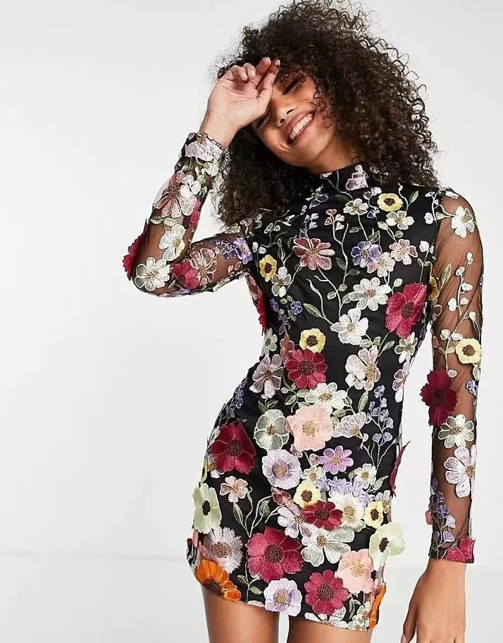 Blossom - Women's Chic Lace Floral Embroidered Mini Dress