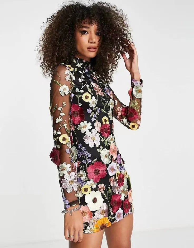 Blossom - Women's Chic Lace Floral Embroidered Mini Dress