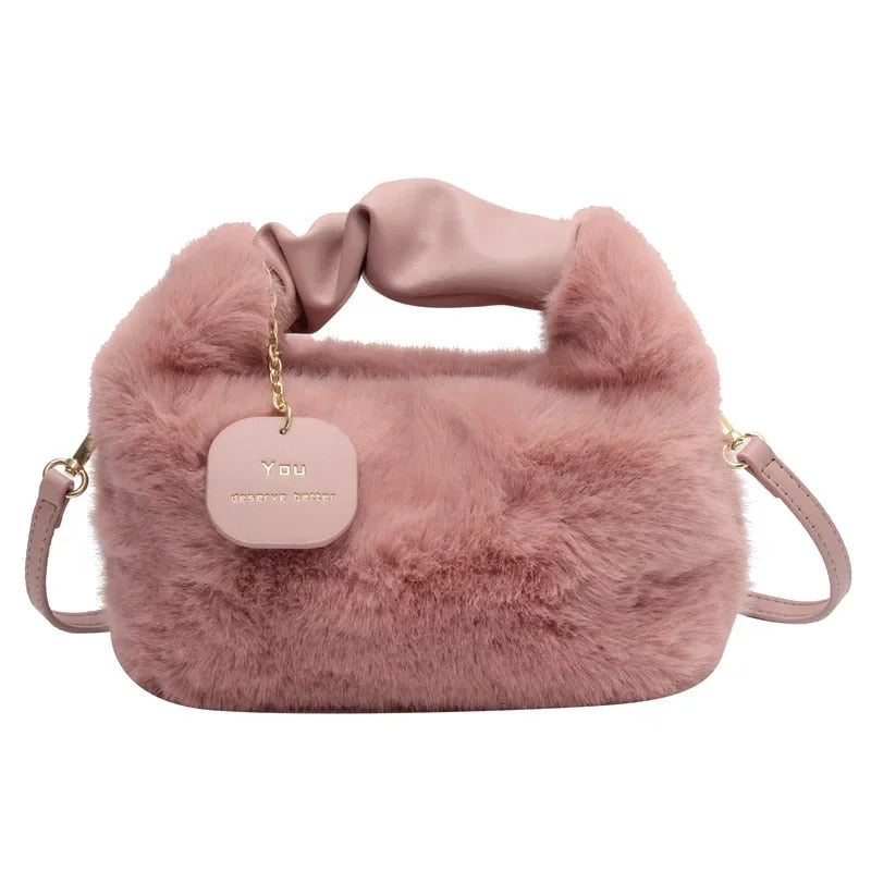 You - Women's  Faux Fur Plush Crossbody Handbag with Ruched Handle