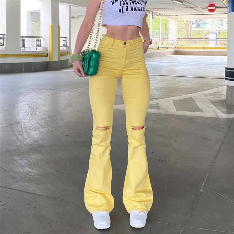 Woodstock - Women's Stretch Flared Ripped Yellow Jeans