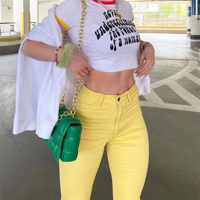 Woodstock - Women's Stretch Flared Ripped Yellow Jeans