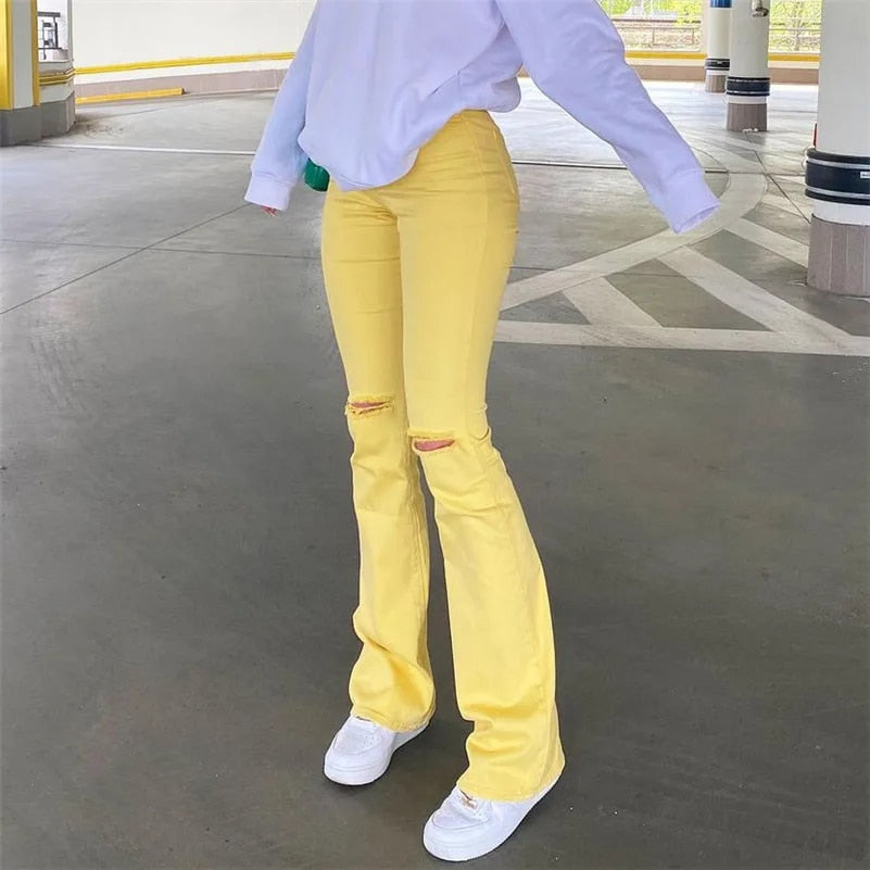Woodstock - Women's Stretch Flared Ripped Yellow Jeans