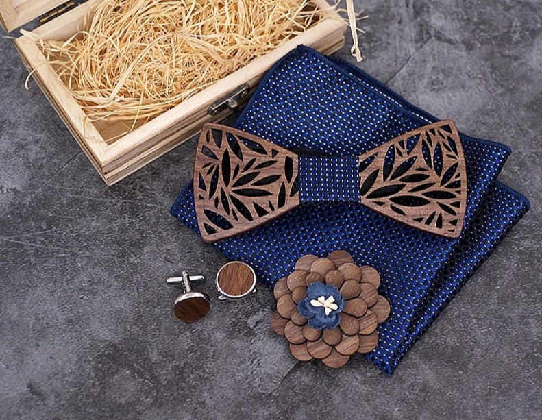 Wooden Bow Tie Handkerchief Set