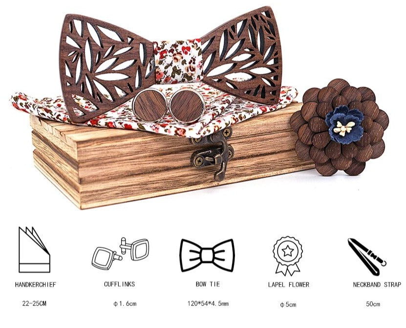 Wooden Bow Tie Handkerchief Set